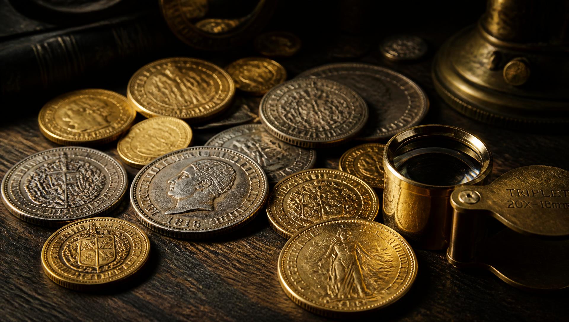 Antique gold and silver coins on dark wood beside a jeweler's loupe
